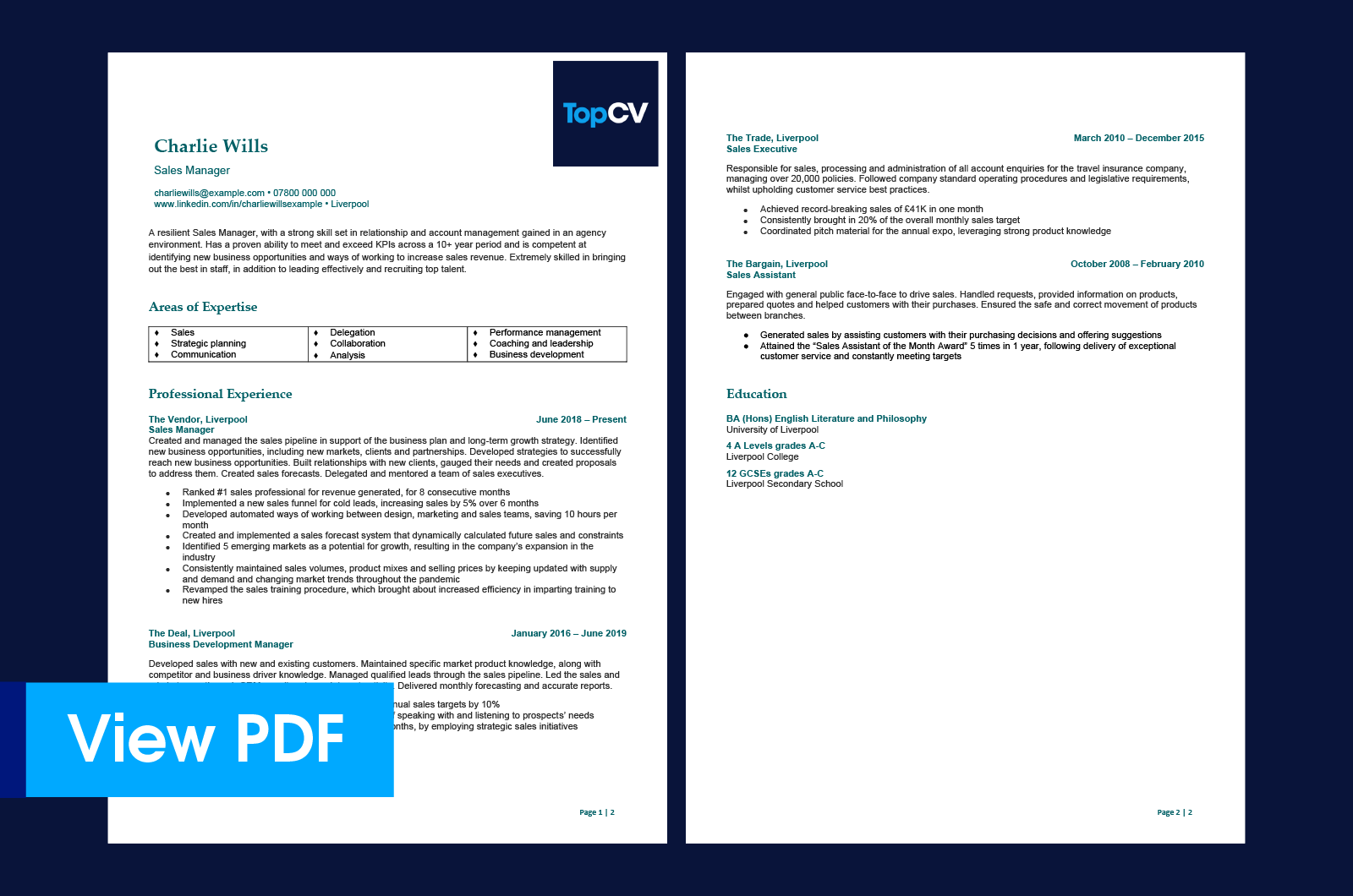 TopCV examples of a sales CV