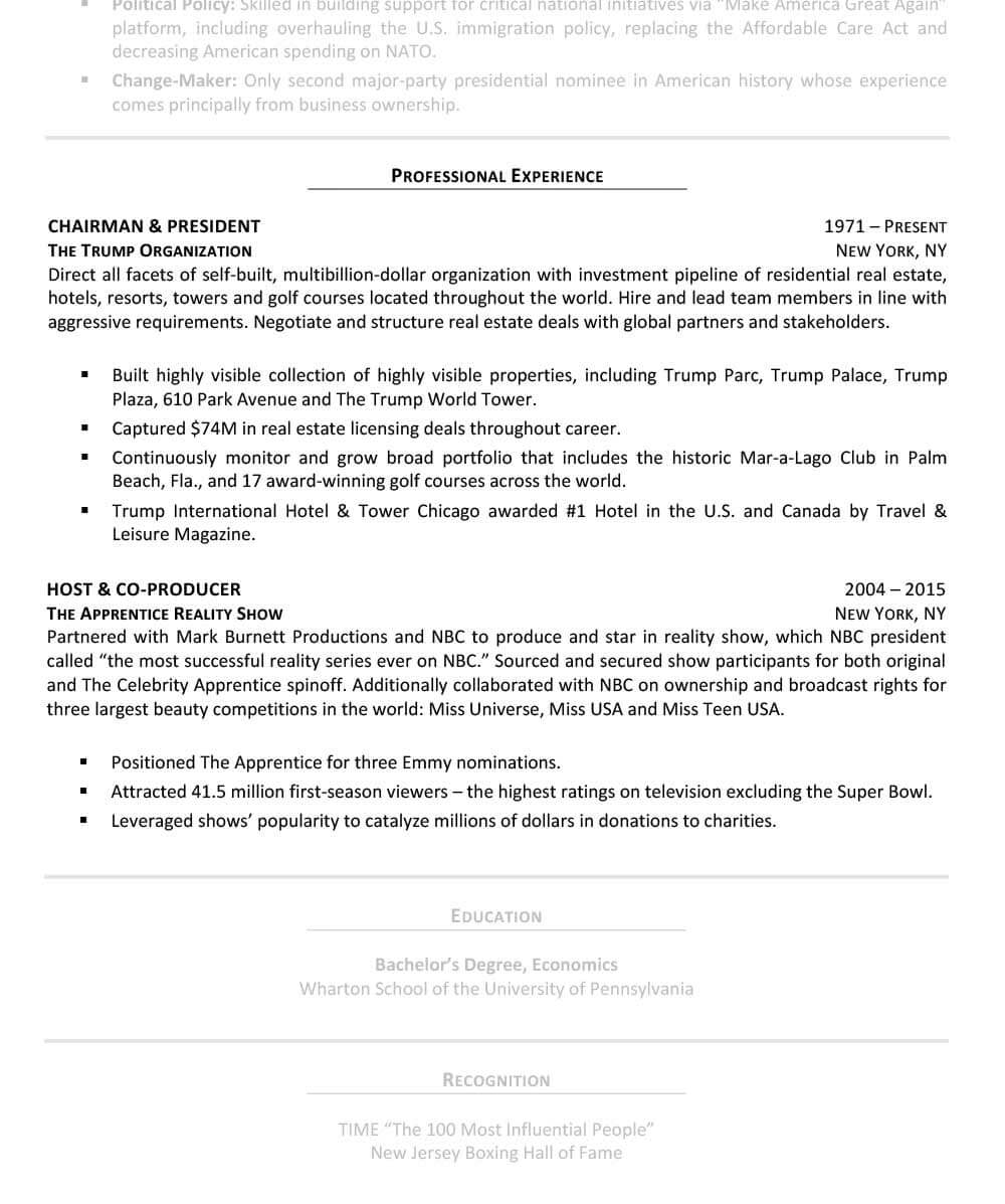 Sample Senior Resume Professional Experience Section Donald Trump