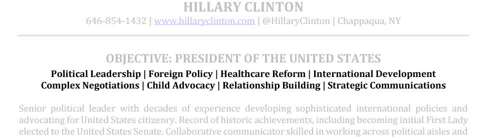 Senior Resume Areas of Expertise Sample Hillary Clinton