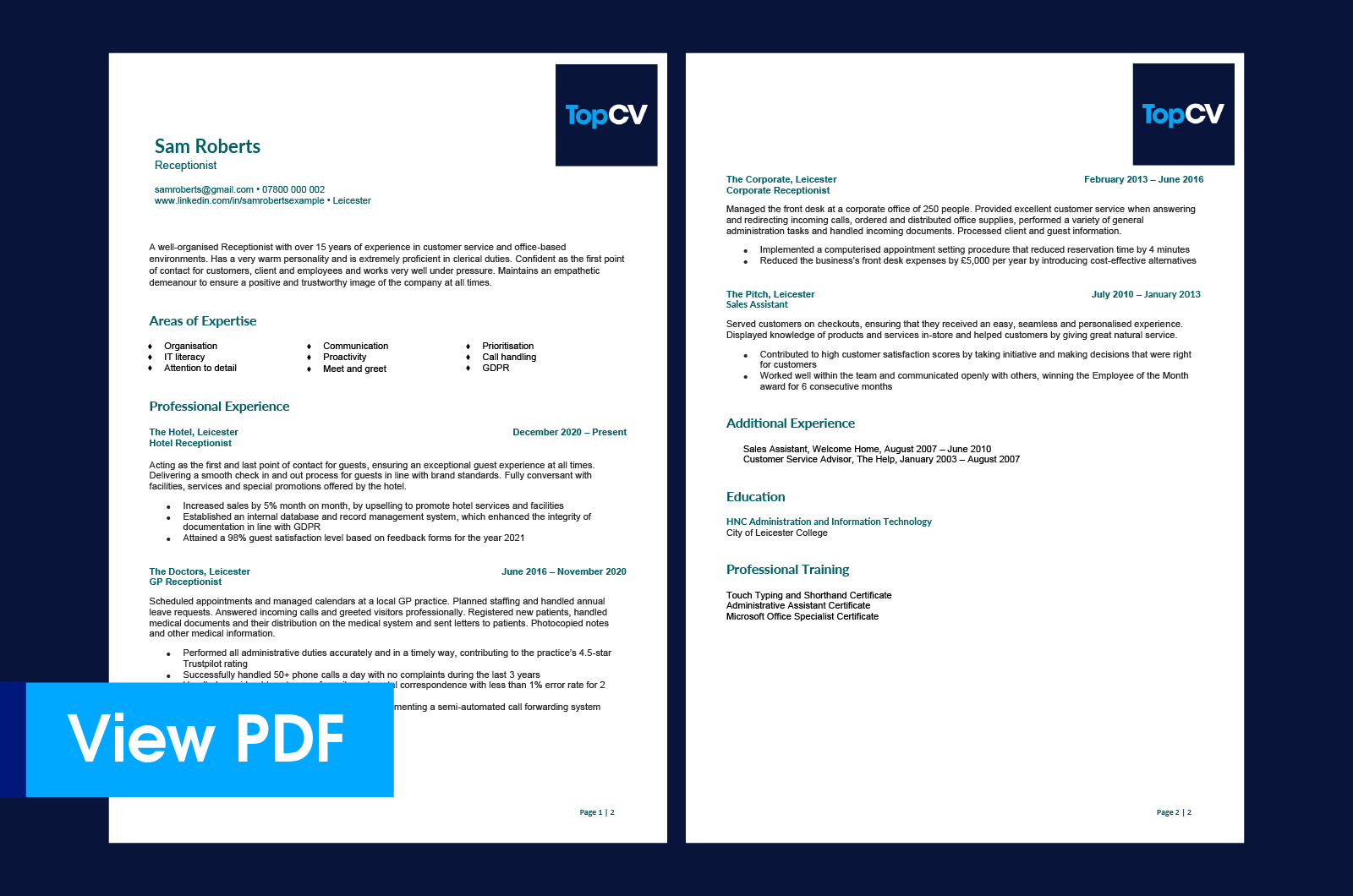 Preview of TopCV receptionist CV example