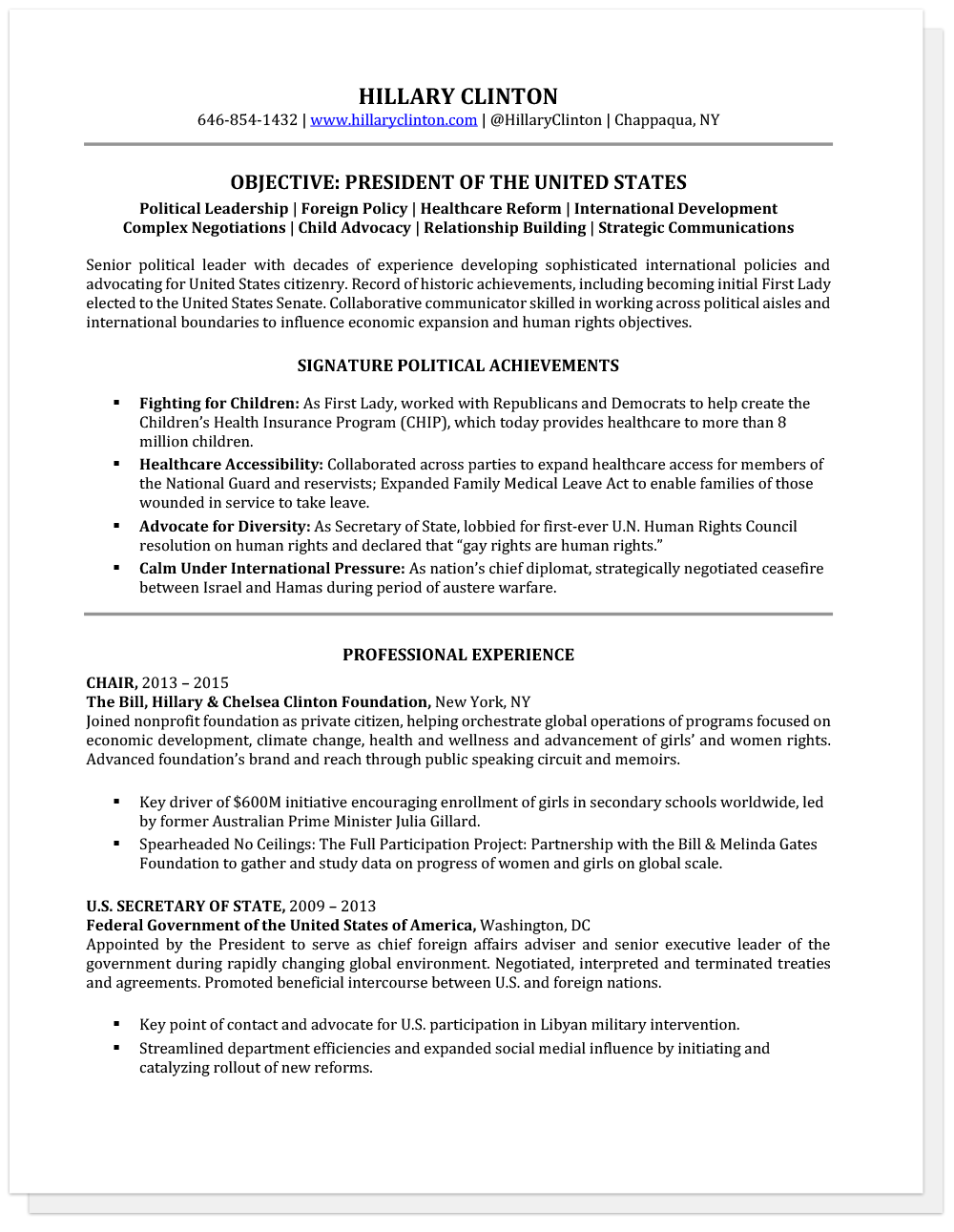 Sample Senior Resume Hillary Clinton