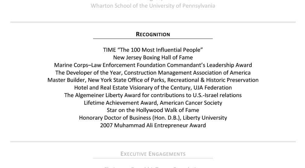 Sample Senior Resume Recognition Section Donald Trump