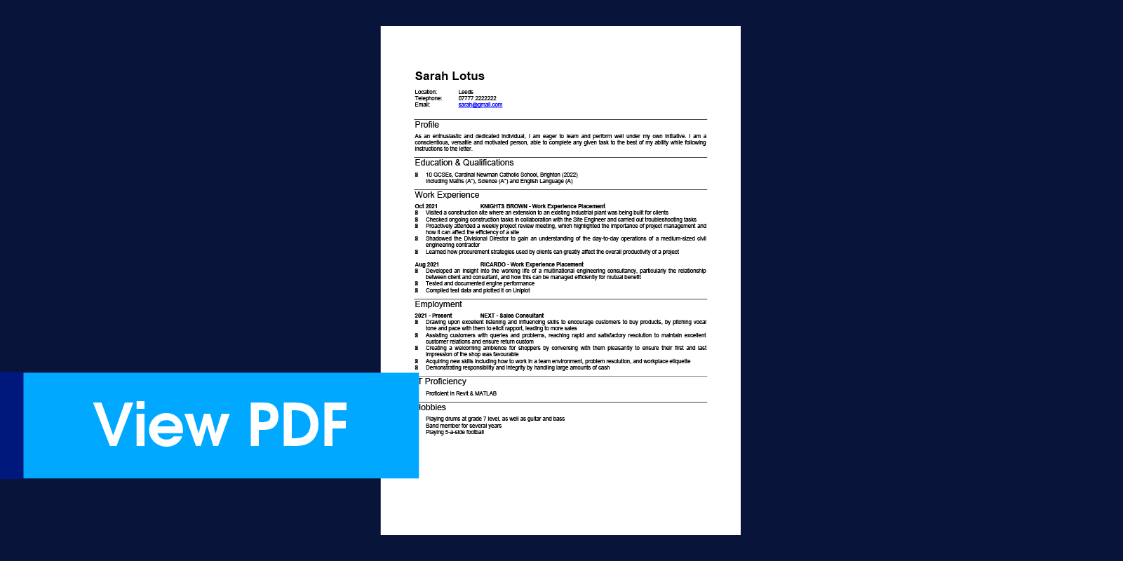 Teenager CV example 2 from TopCV