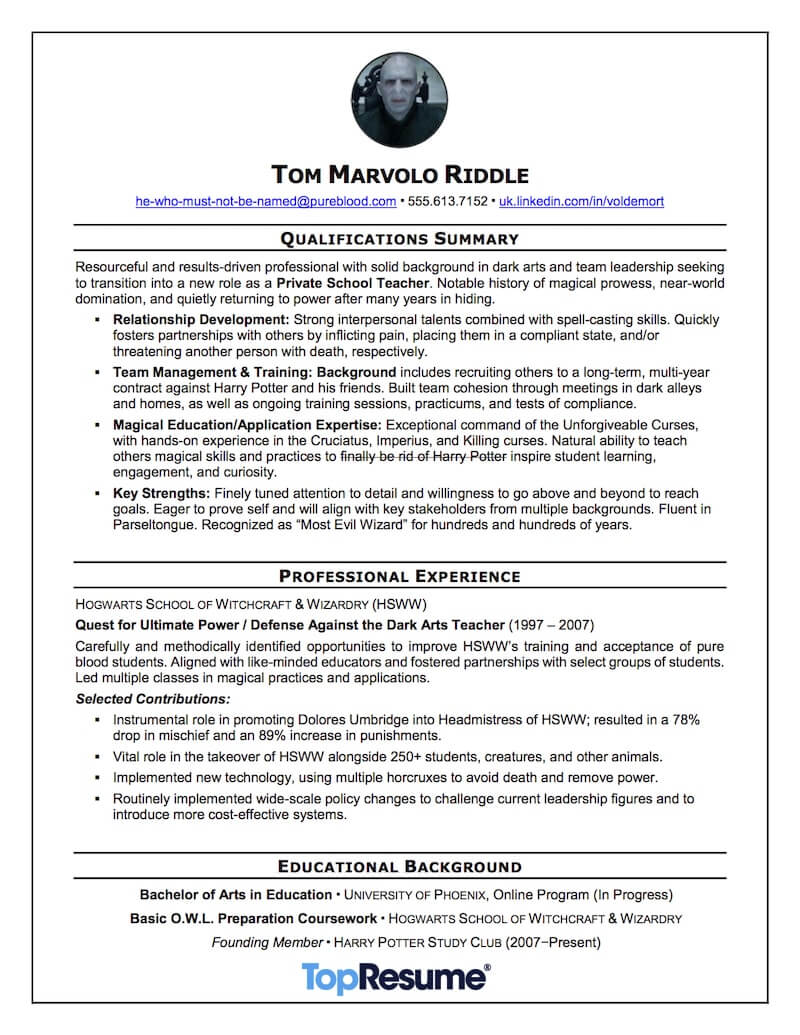 Career Change Resume Sample Voldemort