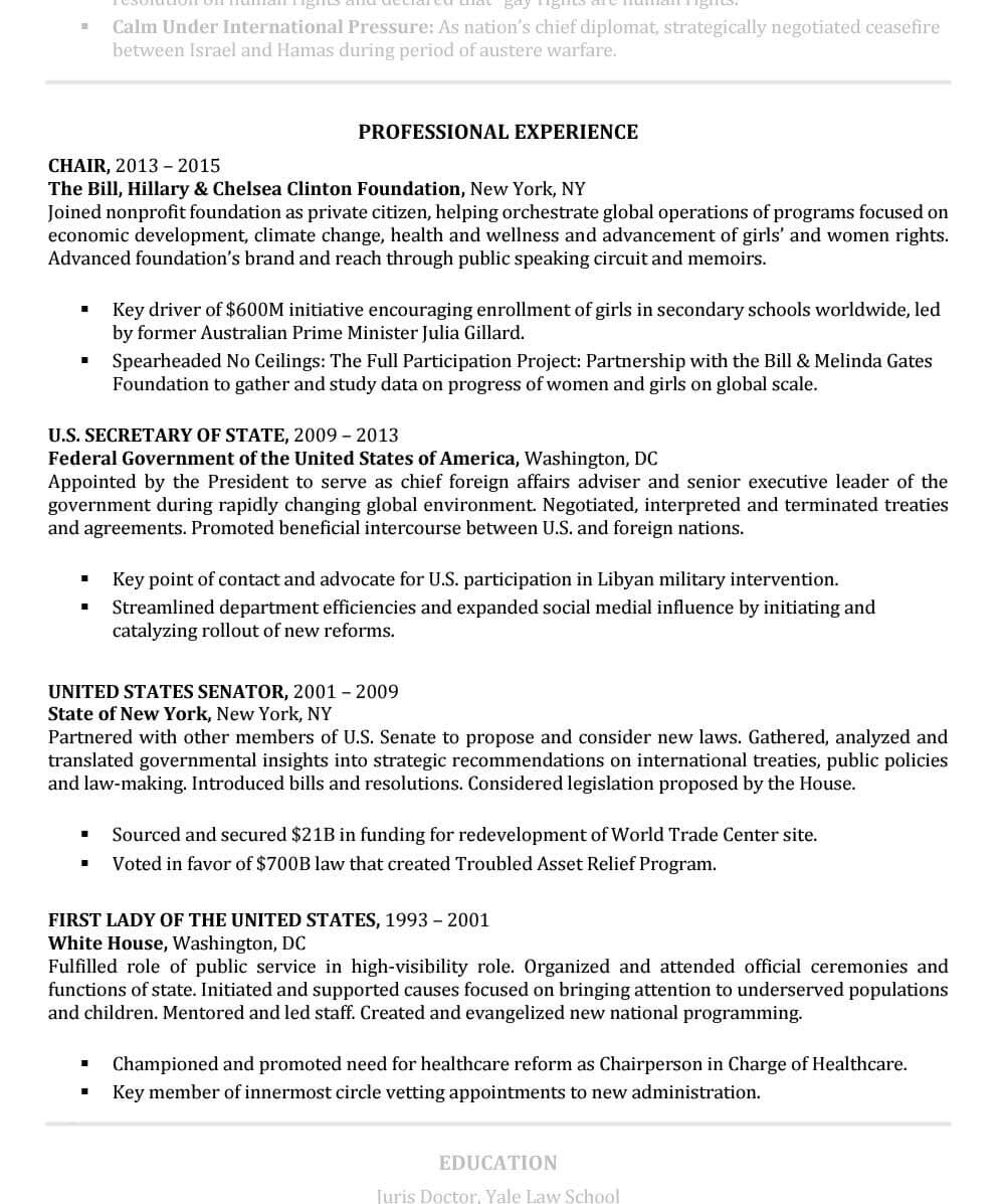 Sample Senior Resume Professional Experience Section Hillary Clinton