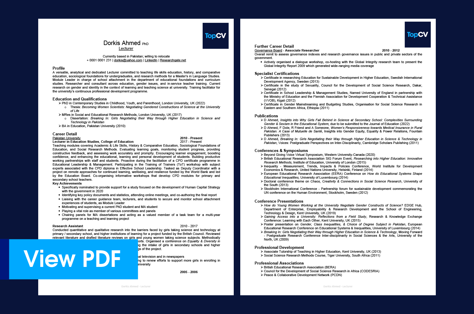 Academic CV example by TopCV