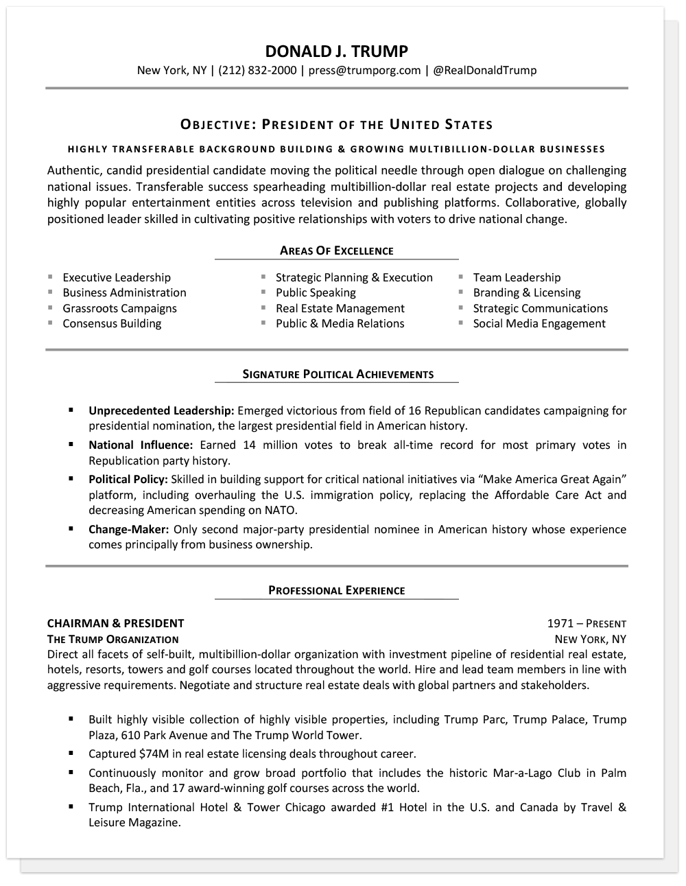 Sample Senior Resume Donald Trump
