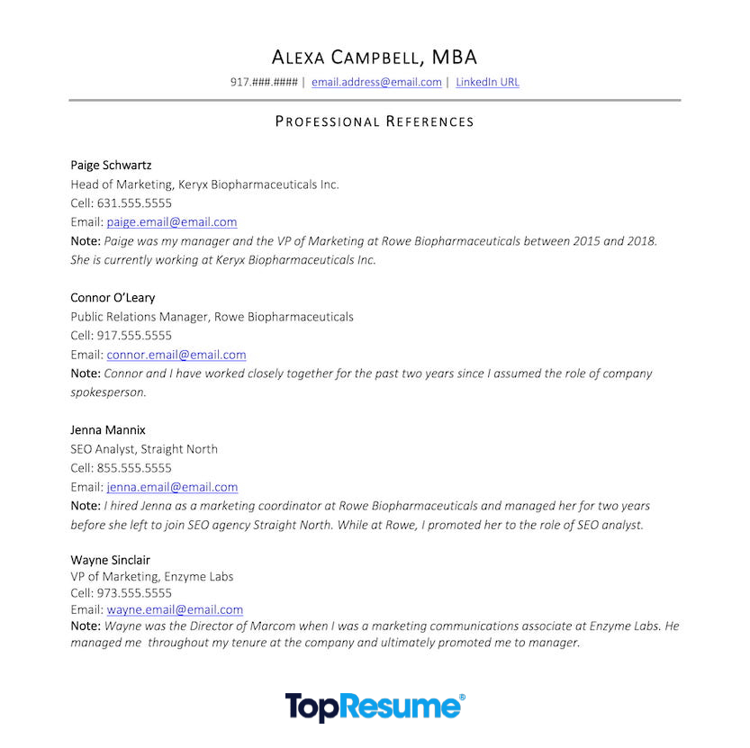 An example of how to list professional references on your resume. The example shows references from throughout a professional's career history. Each reference includes the person's name, current title, cell phone number, email, and a note on the relationship.