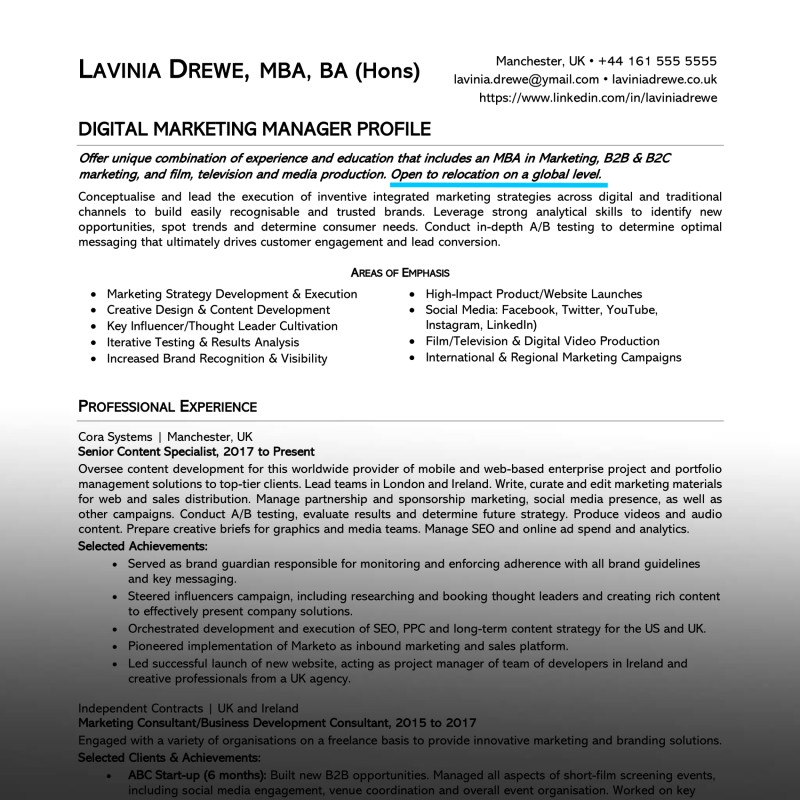 An example of a CV that demonstrates a willingness to relocate or move for a job.