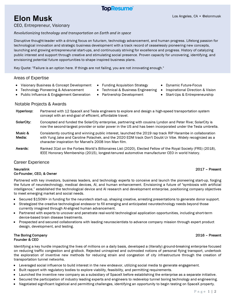 Elon Musk's resume, page 1