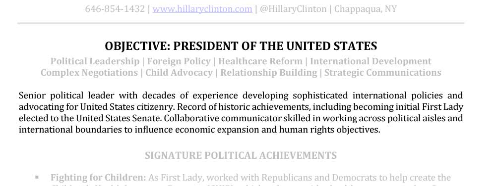 Senior Resume Professional Summary Sample Hillary Clinton
