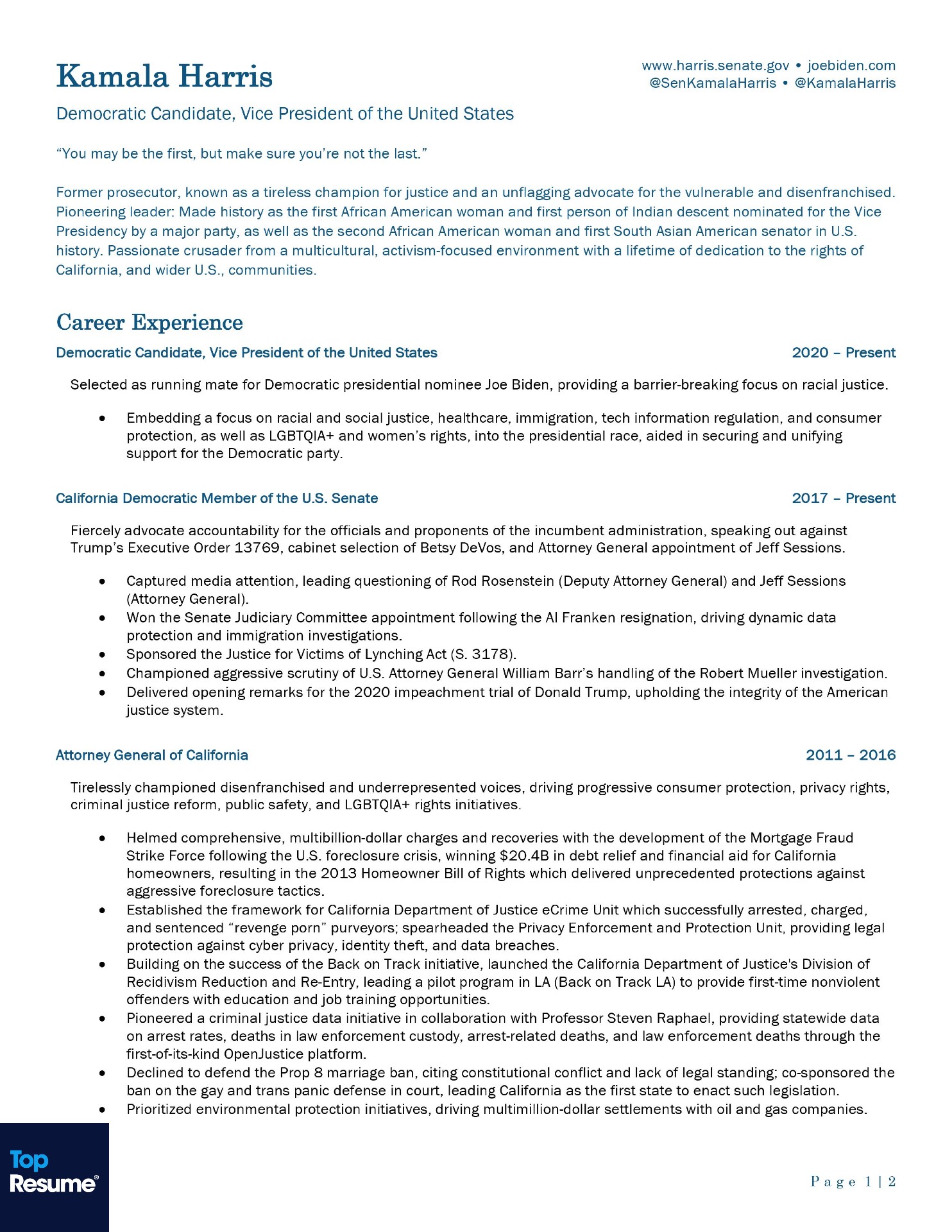 Kamala Harris resume page 1