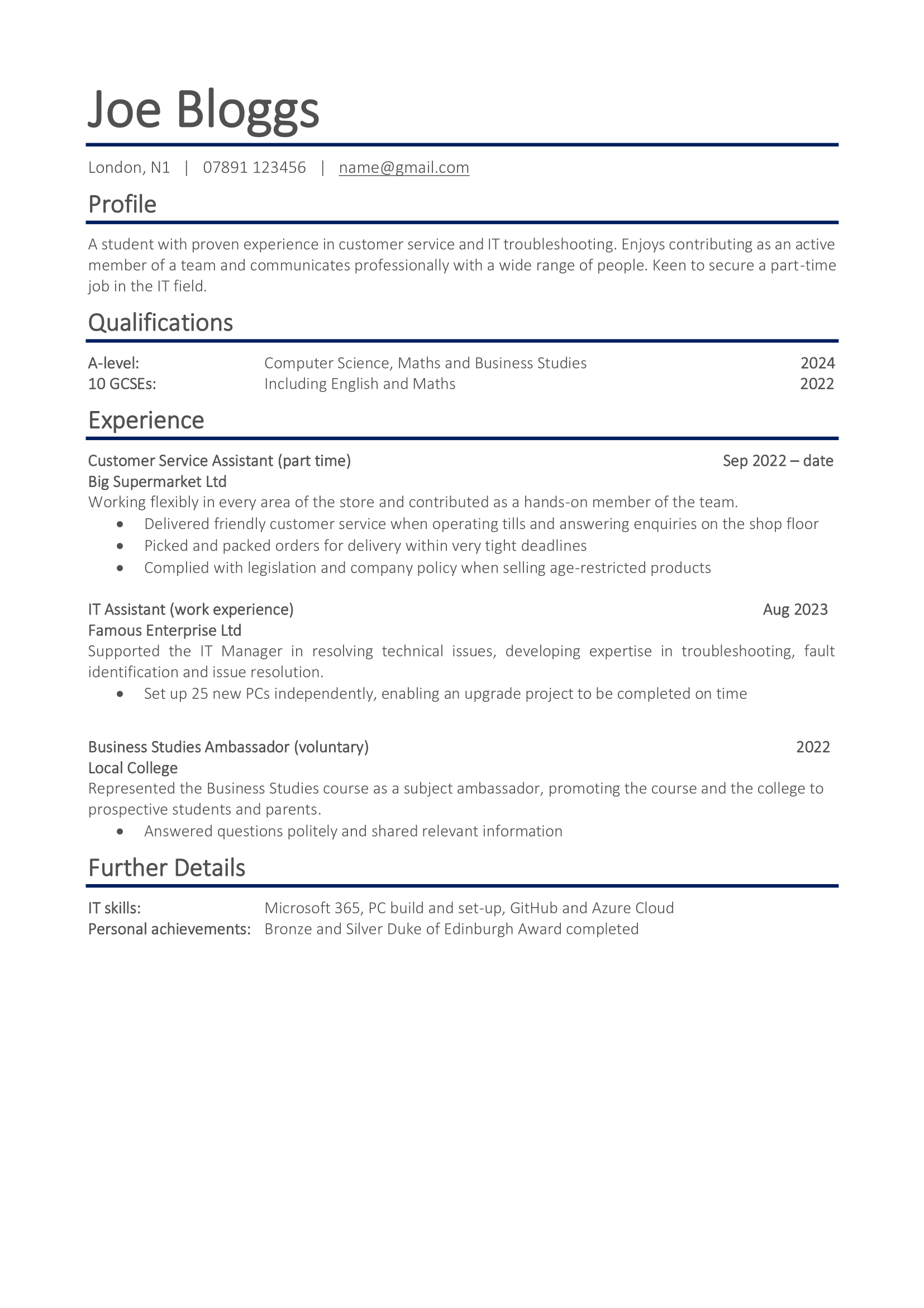 cv example student