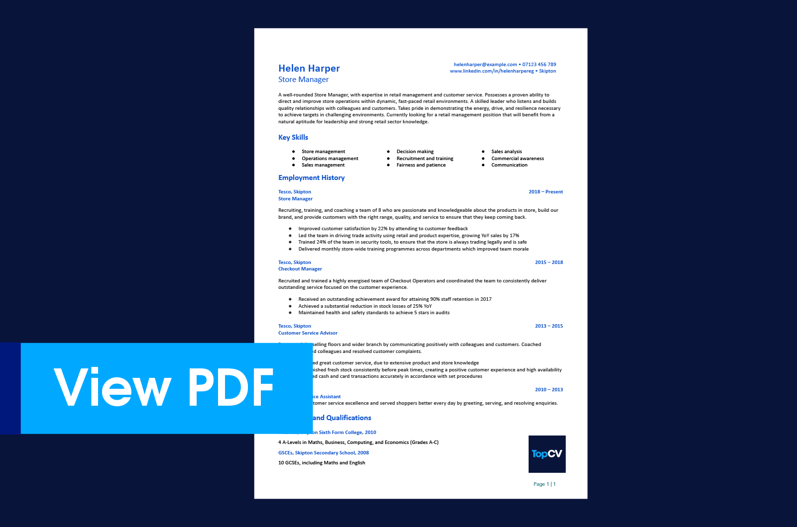 Retail Manager CV example