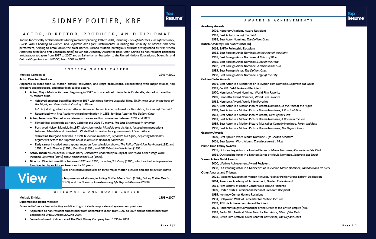 TopResume Sidney Poitier Sample Resume