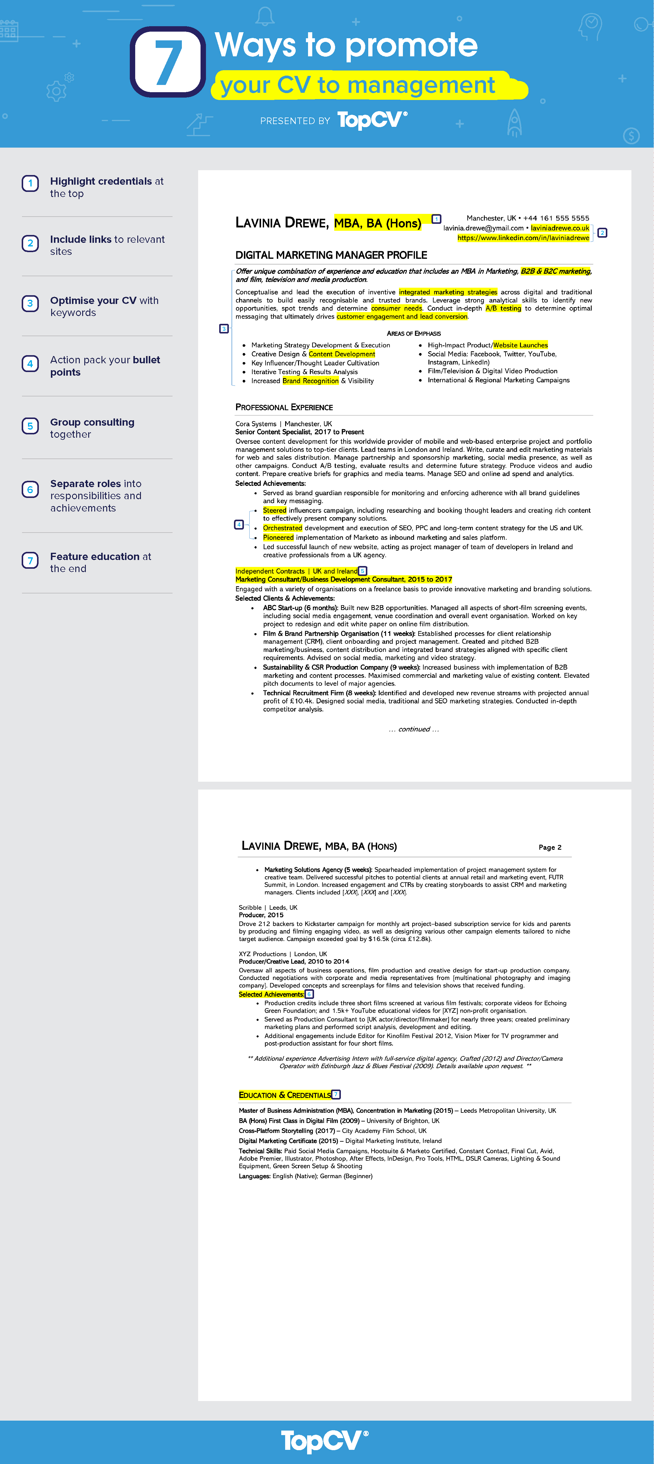 This manager CV example and infographic, provided by TopCV, explains how to update your CV to market your management abilities during the job search.
