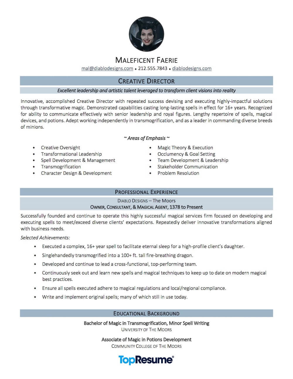 Career Change Resume Sample Maleficent